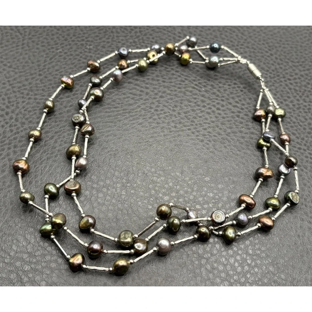 Iridescent Multi-Strand Pearl Bead Necklace 7mm Freshwater Silver Tone 17